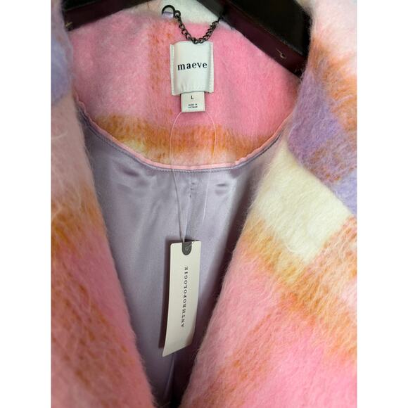 Anthropologie Maeve Wool Blend Plaid Long Coat Jacket Pink Romantic Sz L New - Picture 8 of 16